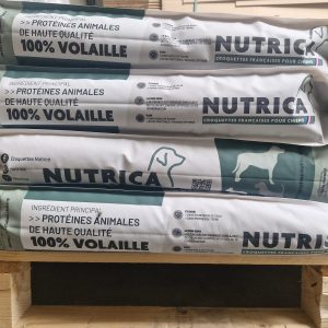 Quatre sacs de croquettes NUTRICA de 12 kg alignés, gammes NutriPlus et NutriConcept, formant un étage de palette
